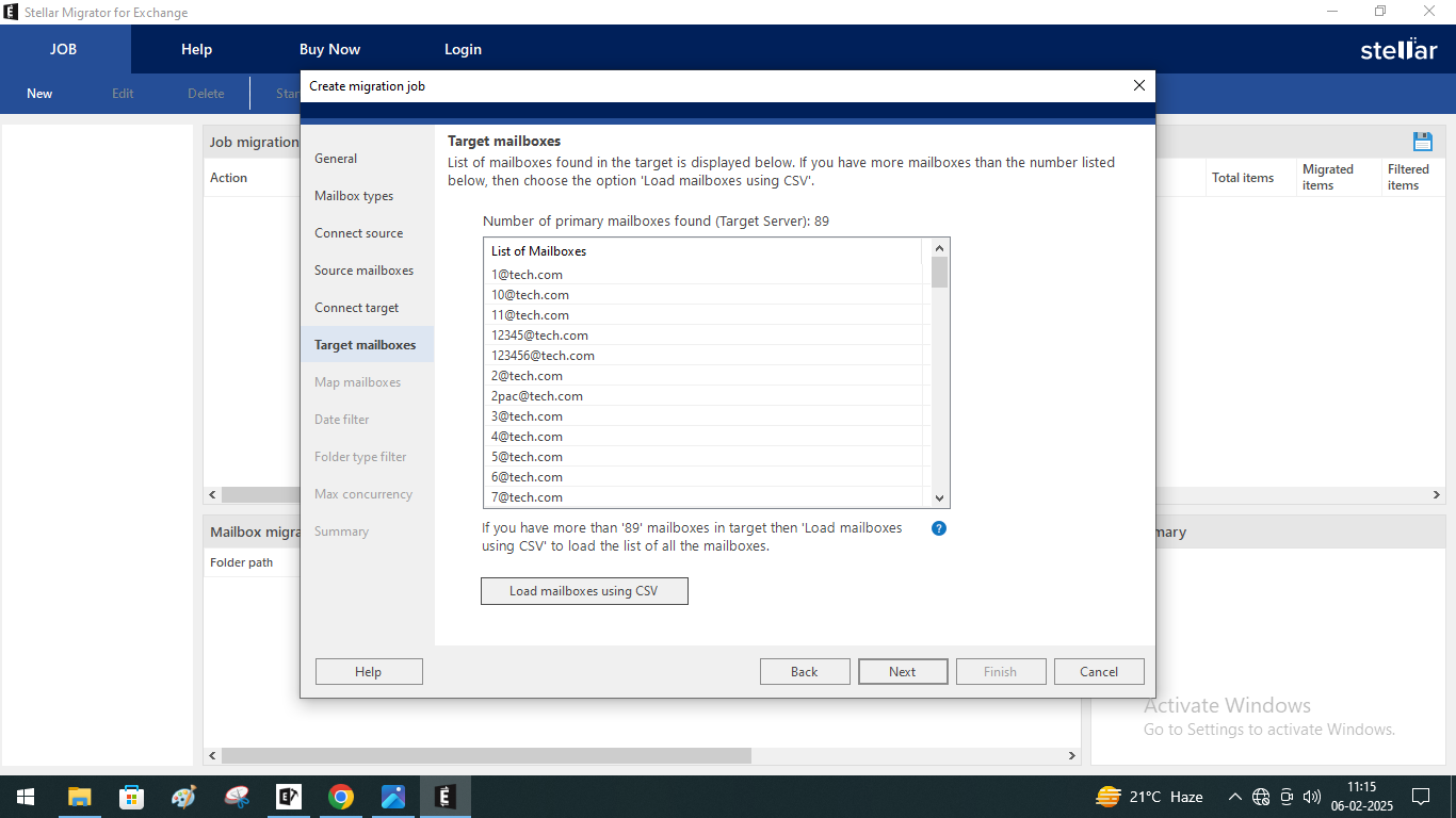 The next section is Target mailboxes and here you can see the list of mailboxes that the software found on the target Exchange server